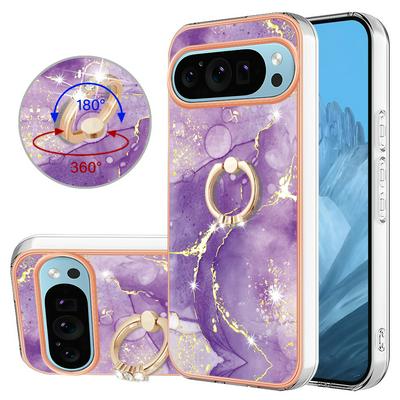For Google Pixel 9 Pro YB IMD Series Marble Pattern Electroplating Case Ring Grip Kickstand Soft TPU IMD Phone Cover
