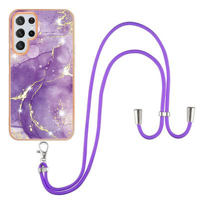 For Samsung Galaxy S23 Ultra YB IMD Series Marble Pattern Electroplating Case Ring Grip Kickstand Soft TPU IMD Phone Cover