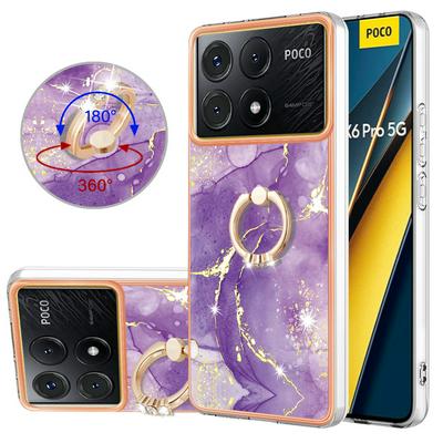 For Xiaomi Poco X6 Pro/Redmi K70E YB IMD Series Marble Pattern Electroplating Case Ring Grip Kickstand Soft TPU IMD Phone Cover