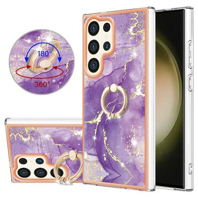 For Samsung Galaxy S24 Ultra YB IMD Series Marble Pattern Electroplating Case Ring Grip Kickstand Soft TPU IMD Phone Cover
