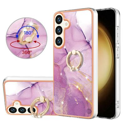 For Samsung Galaxy S24 YB IMD Series Marble Pattern Electroplating Case Ring Grip Kickstand Soft TPU IMD Phone Cover