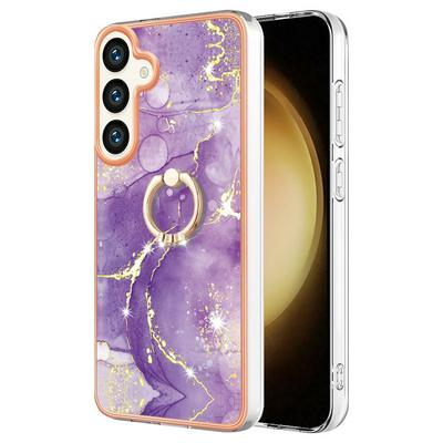 For Samsung Galaxy S25 / S24 YB IMD Series Marble Pattern Electroplating Case Ring Grip Kickstand Soft TPU IMD Phone Cover