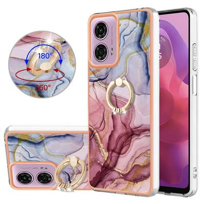 For Motorola Moto G04 4G/Moto G24 4G YB IMD Series Marble Pattern Electroplating Case Ring Grip Kickstand Soft TPU IMD Phone Cover