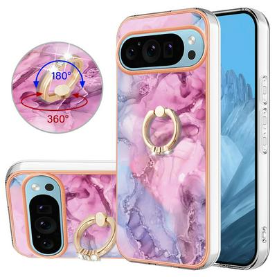 For Google Pixel 9 Pro YB IMD Series Marble Pattern Electroplating Case Ring Grip Kickstand Soft TPU IMD Phone Cover