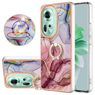 For Oppo Reno 11 5G YB IMD Series Marble Pattern Electroplating Case Ring Grip Kickstand Soft TPU IMD Phone Cover