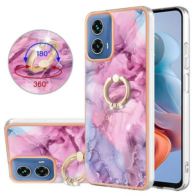 For Motorola Moto G34 YB IMD Series Marble Pattern Electroplating Case Ring Grip Kickstand Soft TPU IMD Phone Cover