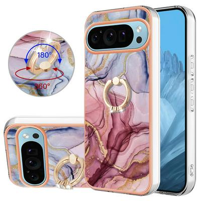 For Google Pixel 9 YB IMD Series Marble Pattern Electroplating Case Ring Grip Kickstand Soft TPU IMD Phone Cover