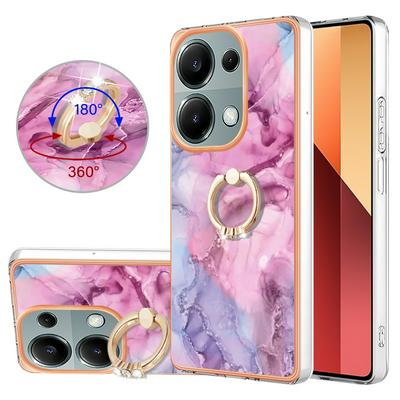 For Xiaomi Redmi Note 13 Pro 4G/Poco M6 Pro 4G YB IMD Series Marble Pattern Electroplating Case Ring Grip Kickstand Soft TPU IMD Phone Cover