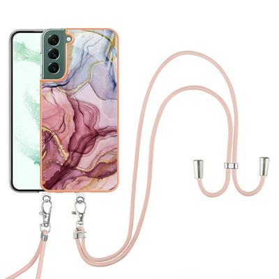 For Samsung Galaxy S23 Plus YB IMD Series Marble Pattern Electroplating Case Ring Grip Kickstand Soft TPU IMD Phone Cover