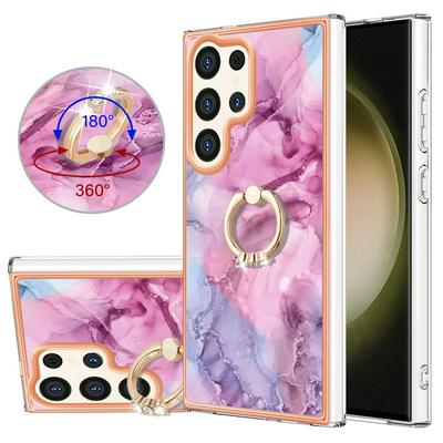 For Samsung Galaxy S24 Ultra YB IMD Series Marble Pattern Electroplating Case Ring Grip Kickstand Soft TPU IMD Phone Cover