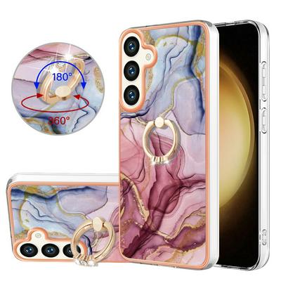 For Samsung Galaxy S25 Plus / S24 Plus YB IMD Series Marble Pattern Electroplating Case Ring Grip Kickstand Soft TPU IMD Phone Cover