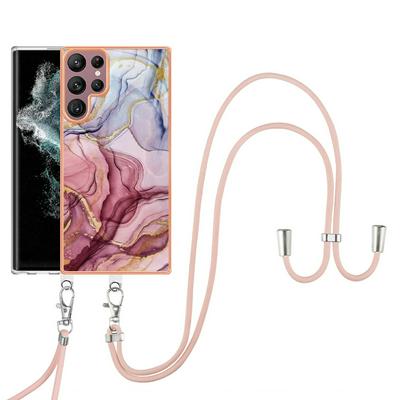 For Samsung Galaxy S23 Ultra YB IMD Series Marble Pattern Electroplating Case Ring Grip Kickstand Soft TPU IMD Phone Cover