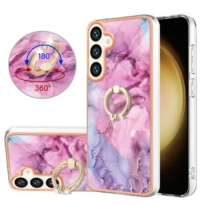 For Samsung Galaxy S24 YB IMD Series Marble Pattern Electroplating Case Ring Grip Kickstand Soft TPU IMD Phone Cover