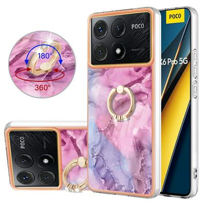 For Xiaomi Poco X6 Pro/Redmi K70E YB IMD Series Marble Pattern Electroplating Case Ring Grip Kickstand Soft TPU IMD Phone Cover