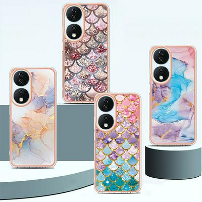 For Honor X7b IMD Anti-dirt Anti-scratch Soft TPU Case Electroplating Edge IMD Marble Floral Pattern Cover
