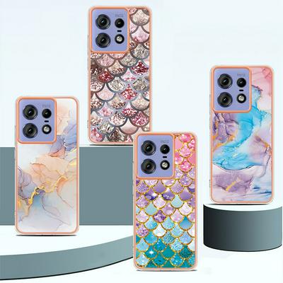 For Motorola Moto Edge 50 Pro IMD Anti-dirt Anti-scratch Soft TPU Case Electroplating Edge IMD Marble Floral Pattern Cover
