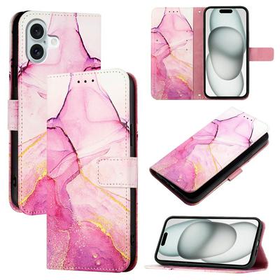 For iphone 16 Plus Marble Pattern Scratch Resistant Magnetic Buckle Flip Leather Case with Wrist Strap