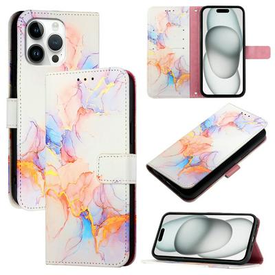 For iphone 16 Pro Max Marble Pattern Scratch Resistant Magnetic Buckle Flip Leather Case with Wrist Strap