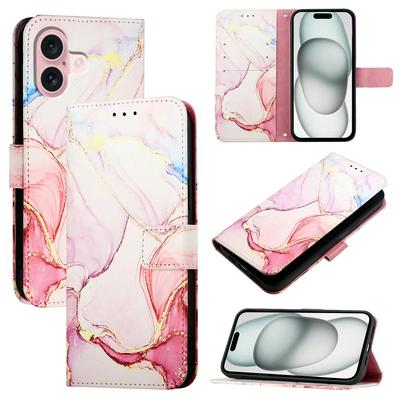 For iphone 16 Marble Pattern Scratch Resistant Magnetic Buckle Flip Leather Case with Wrist Strap