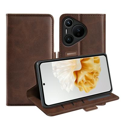 For Huawei Pura 70 Double Buckle Wallet Style Folio Flip Leather Case with Stand and Card Slots Function