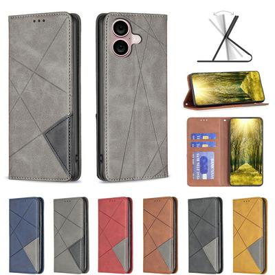 For iPhone 16 Plus Stitching Rhombus Pattern Folio Flip PU Leather Wallet Phone Case