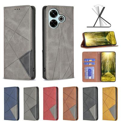 For Xiaomi Redmi 13 4G/Poco M6 4G Stitching Rhombus Pattern Folio Flip PU Leather Wallet Phone Case