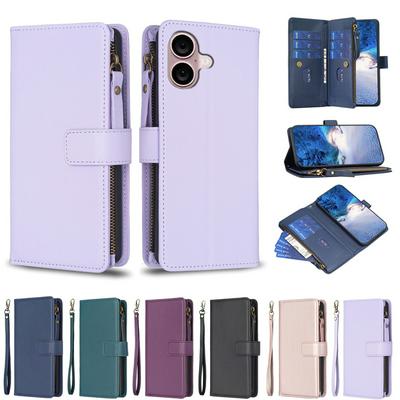 BF19 For iPhone 16 Plus Anti-Dust PU Leather Wallet Zippered Cell Phone Case Stand Phone Cover