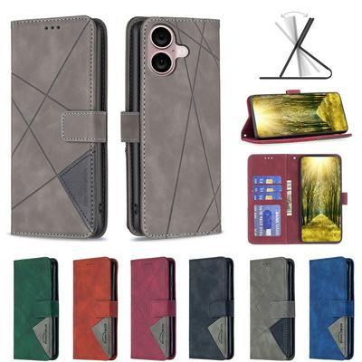 BF05 For iPhone 16 Plus Stitching Rhombus Pattern Folio Flip PU Leather Wallet Phone Case