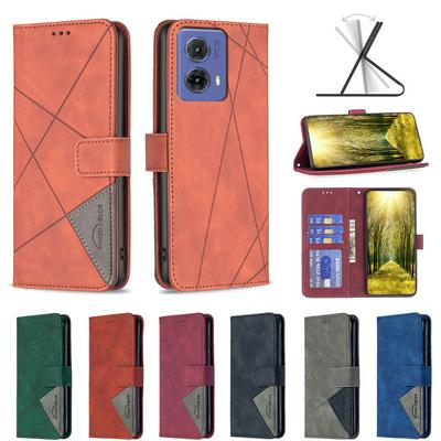 BF05 For Motorola Moto G85 Stitching Rhombus Pattern Folio Flip PU Leather Wallet Phone Case