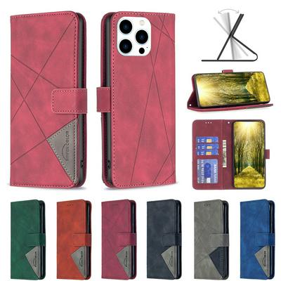 BF05 For iPhone 16 Pro Max Ultra Stitching Rhombus Pattern Folio Flip PU Leather Wallet Phone Case