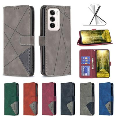 BF05 For Oppo Reno 12 Stitching Rhombus Pattern Folio Flip PU Leather Wallet Phone Case
