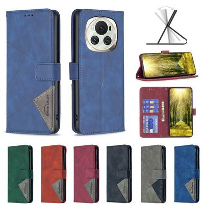 BF05 For Honor Magic 6 Stitching Rhombus Pattern Folio Flip PU Leather Wallet Phone Case