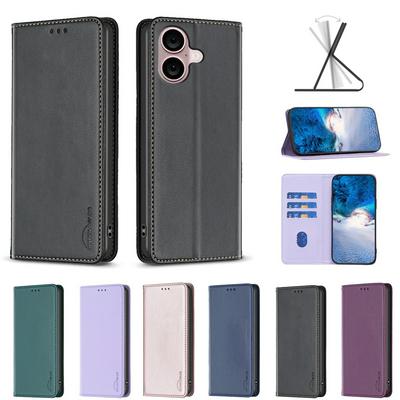 BF18 Protective Case for iPhone 16 Plus Dermal dark magnetic field Leather Stand Phone Cover with Card Slots