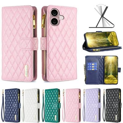 BINFEN COLOR BF15 for iPhone 16 Plus Anti-drop Zipper Pocket Phone Case Imprinted Rhombus Pattern Flip Wallet Cover Stand