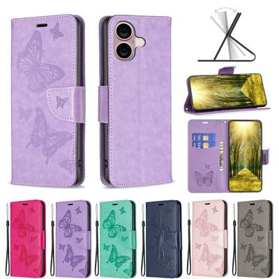 For iPhone 16 Plus Embossed Double Butterfly Wallet Leather Case with Stand & Card Slots Function