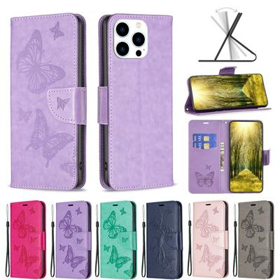 For iPhone 16 Pro Max Embossed Double Butterfly Wallet Leather Case with Stand & Card Slots Function
