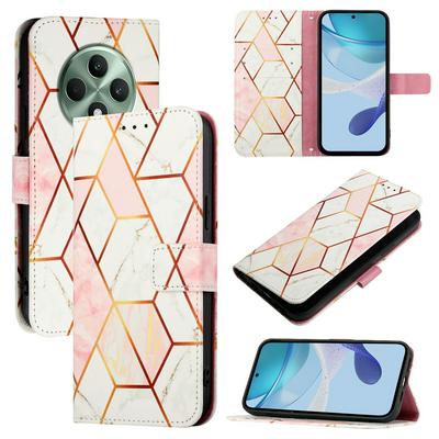 For Oppo Reno 12F Marble Pattern Scratch Resistant Magnetic Buckle Flip Leather Case with Wrist Strap