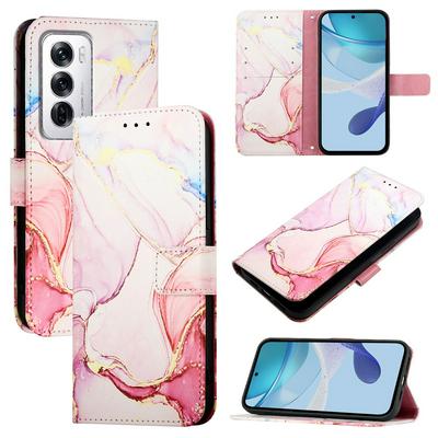 For Oppo Reno 12 Marble Pattern Scratch Resistant Magnetic Buckle Flip Leather Case with Wrist Strap