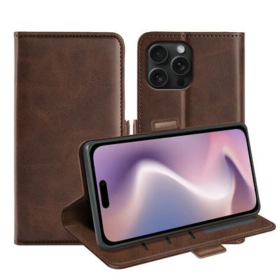 For iPhone 16 Pro Max Double Buckle Wallet Style Folio Flip Leather Case with Stand and Card Slots Function
