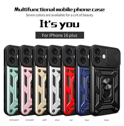 Sergeant Shockproof Drop-proof PC+TPU Phone Protective Case with Metal Ring Kickstand and Metal Patch for iphone 16 Plus
