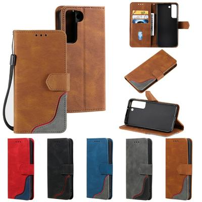 For Samsung Galaxy S22 Plus Three Color Blocks Magnetic Buckle PU Leather Phone Case