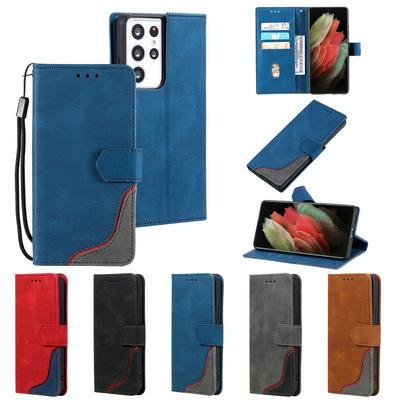 For Samsung Galaxy S21 Ultra Three Color Blocks Magnetic Buckle PU Leather Phone Case