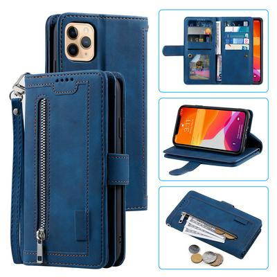 For iPhone 12 Pro Card Holder Slots Zipper Pocket PU Leather Case with Wrist Strap 