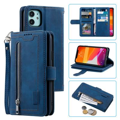 For iPhone 11 Card Holder Slots Zipper Pocket PU Leather Case with Wrist Strap 