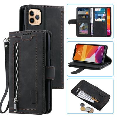 For iPhone 12 Pro Max Card Holder Slots Zipper Pocket PU Leather Case with Wrist Strap 