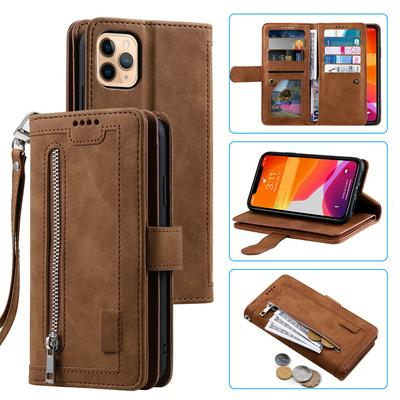 For iPhone 11 Pro Card Holder Slots Zipper Pocket PU Leather Case with Wrist Strap 