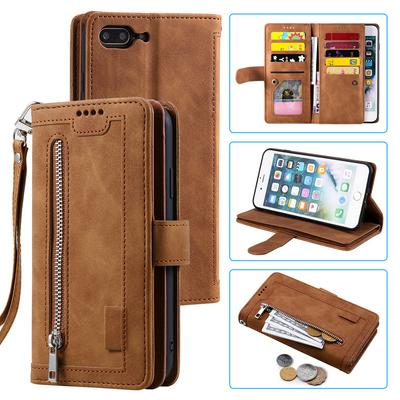 For iPhone 7 Plus Card Holder Slots Zipper Pocket PU Leather Case with Wrist Strap 