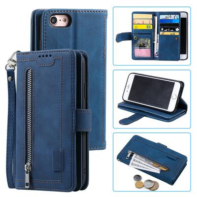 For iPhone 7 Card Holder Slots Zipper Pocket PU Leather Case with Wrist Strap 
