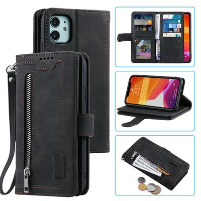 For iPhone 12 mini Card Holder Slots Zipper Pocket PU Leather Case with Wrist Strap 