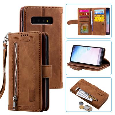 For Samsung Galaxy S10 Card Holder Slots Zipper Pocket PU Leather Case with Wrist Strap 